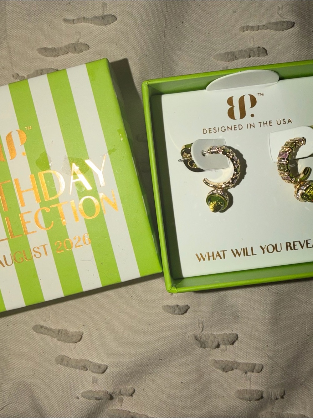 bp Gold Hoop Earrings with Green and Pink Crystal Accents